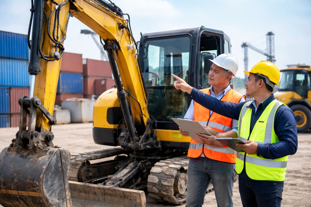 Inspection de la pelle mécanique jaune