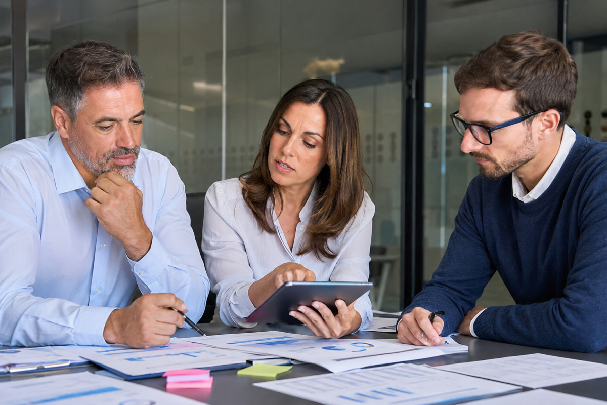 Réunion de travail dans une salle moderne